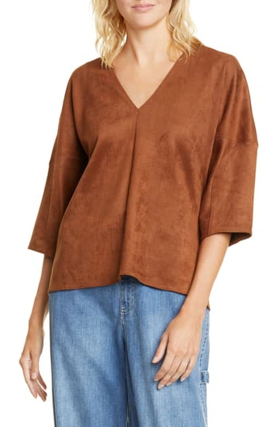 Shop Tibi Sculpted Sleeve Faux Suede Top In Brown
