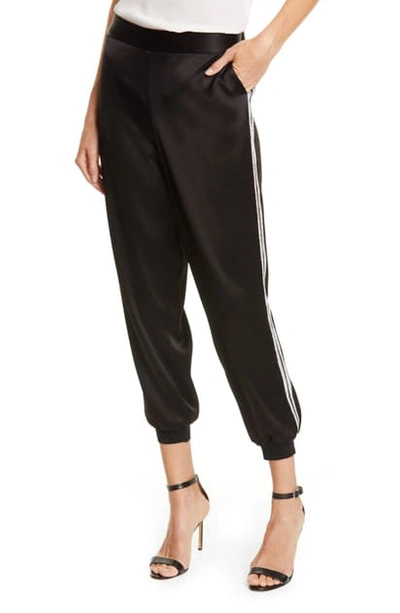 Shop Alice And Olivia Pete Rhinestone Side Stripe Satin Jogger Pants In Black