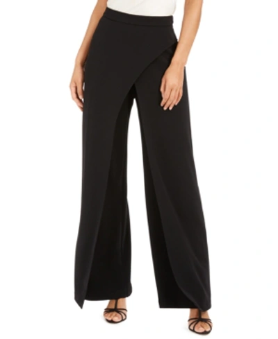 Shop Adrianna Papell Crepe Draped-front Wide-leg Pants In Black