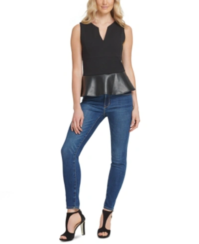 Shop Dkny Faux-leather Peplum Top In Black