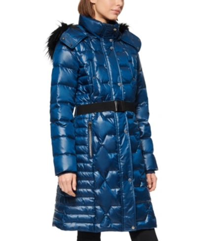 Shop Marc New York Shine Belted Faux Fur Hooded Down Puffer Coat In Navy