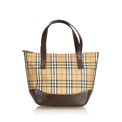 Shop Burberry Plaid Canvas Handbag In Brown