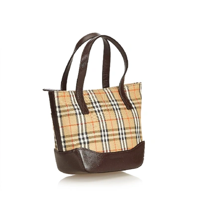 Shop Burberry Plaid Canvas Handbag In Brown