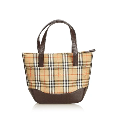 Shop Burberry Plaid Canvas Handbag In Brown