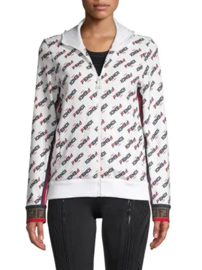 Shop Fendi Mania Cotton Zip Hoodie In White