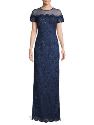Shop Js Collections Illusion Short-sleeve Embroidery Gown In Navy
