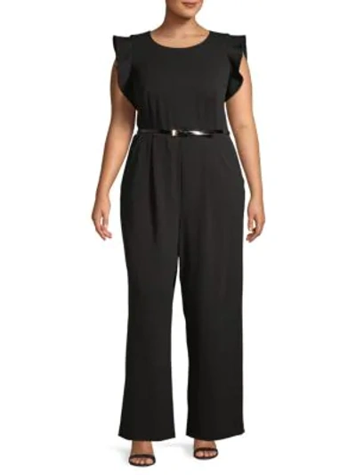 Shop Calvin Klein Collection Plus Flutter-sleeve Roundneck Jumpsuit In Black
