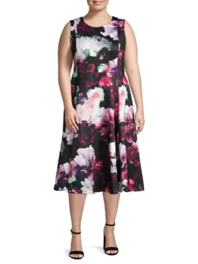Shop Calvin Klein Collection Plus Floral-print Knee-length Dress In Aubergine