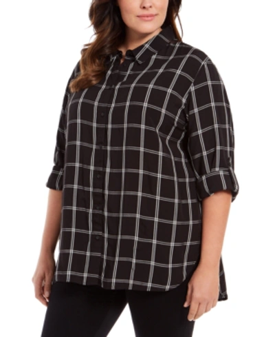 Shop Calvin Klein Plus Size Plaid Cotton Button-down Shirt In Charcoal