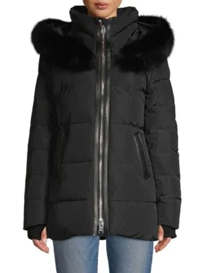 Shop Nicole Benisti Nakiska Blue Fox Fur & Leather Trim Puff Down Jacket In Black