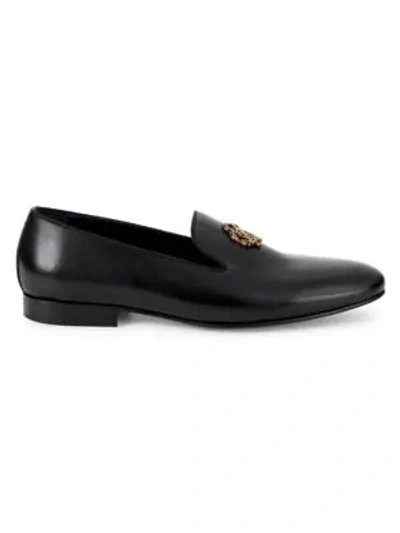 Shop Roberto Cavalli Embellished Leather Smoking Slippers In Black