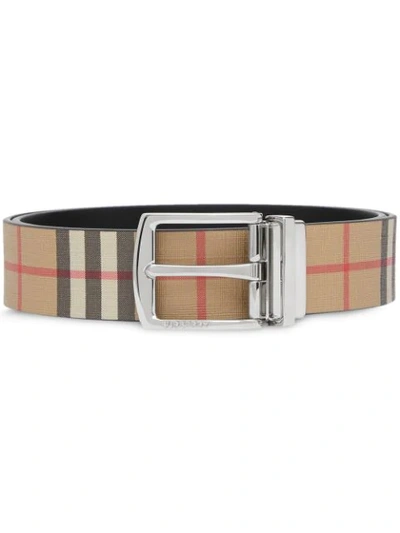 Shop Burberry Reversible Vintage Check E-canvas And Leather Belt In Brown