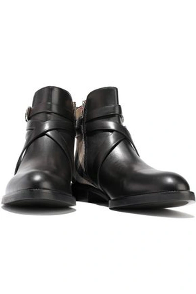 Shop Burberry Woman Checked Twill-paneled Leather Ankle Boots Black