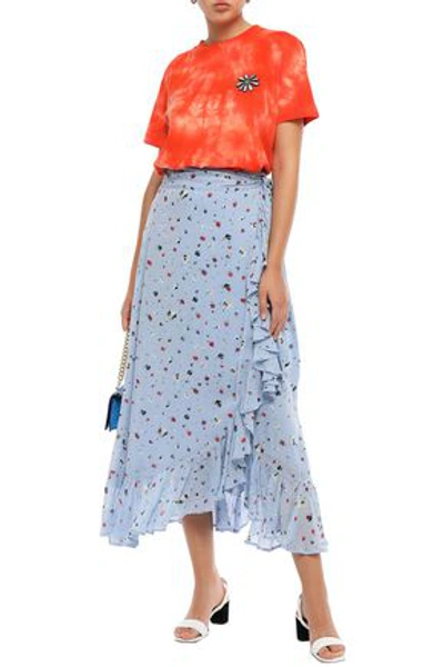 Shop Ganni Ruffled Polka-dot Georgette Midi Wrap Skirt In Light Blue