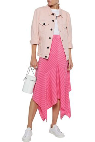 Shop Ganni Lynch Asymmetric Striped Silk-blend Seersucker Midi Skirt In Pink