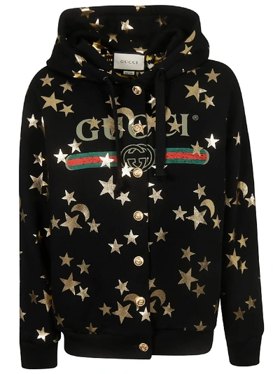 Shop Gucci Buttoned Hoodie In Black Multi