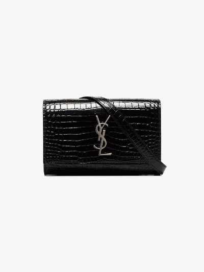 Shop Saint Laurent Black Mock Croc Leather Belt Bag
