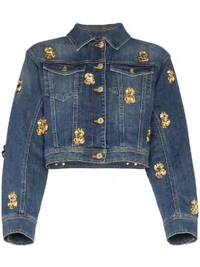 Shop Moschino Cropped Embellished Denim Jacket In Blue