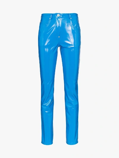 Shop Pushbutton Faux Leather Vinyl Trousers In Blue