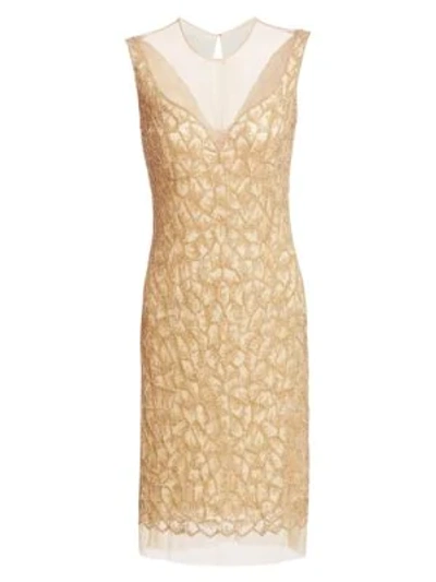 Shop Joanna Mastroianni Beaded Illusion-neck Cocktail Dress In Gold Nude