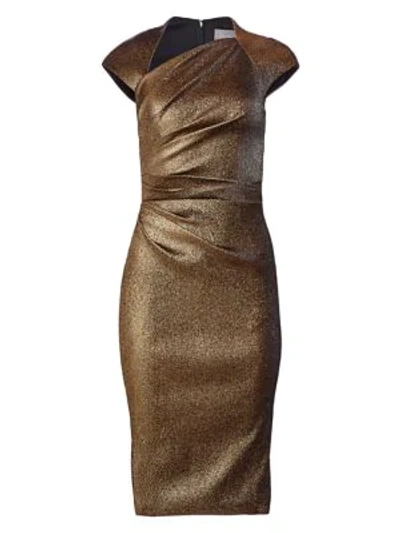 Shop Theia Ruched Metallic Cap-sleeve Sheath In Antique Gold