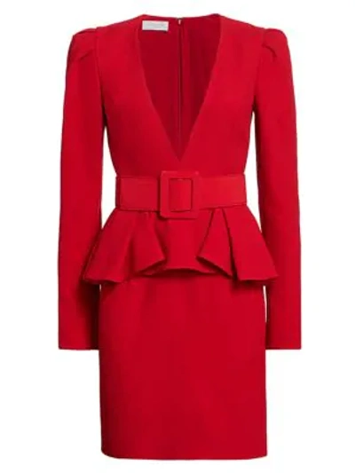 Shop Michael Kors Plunge-front Belted Peplum Dress In Crimson