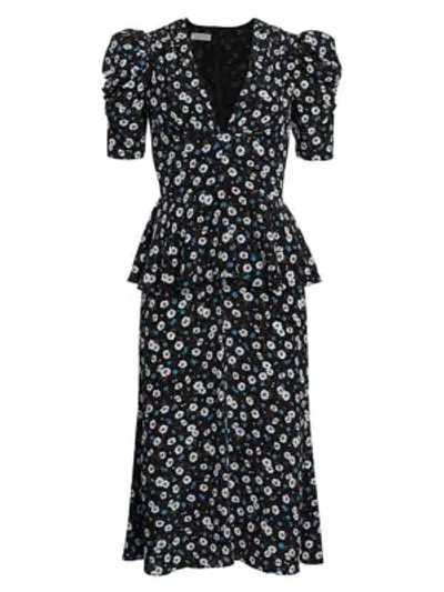 Shop Michael Kors Ruffle-trimmed Floral Silk Dress In Cadet Multi