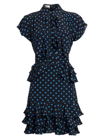 Shop Michael Kors Ruffle-trimmed Polka Dot Silk Dress In Black Cadet