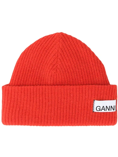 Shop Ganni Ribbed Logo Beanie In 403 Fiery Red