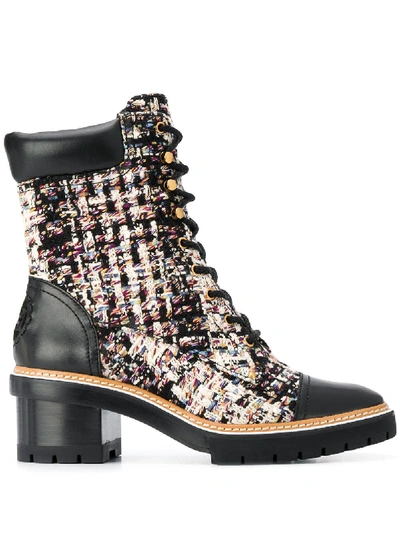 Shop Tory Burch Tweed Lace-up Boots In Black