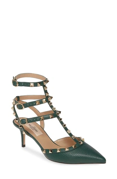 Shop Valentino Rockstud Pointy Toe Pump In English Green Leather