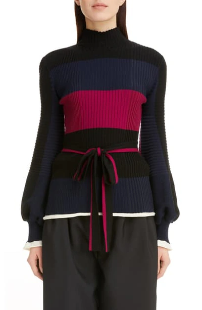 Shop Roksanda Colorblock Mock Neck Ribbed Wool Sweater In Black/ Heliotrope/ Midnight