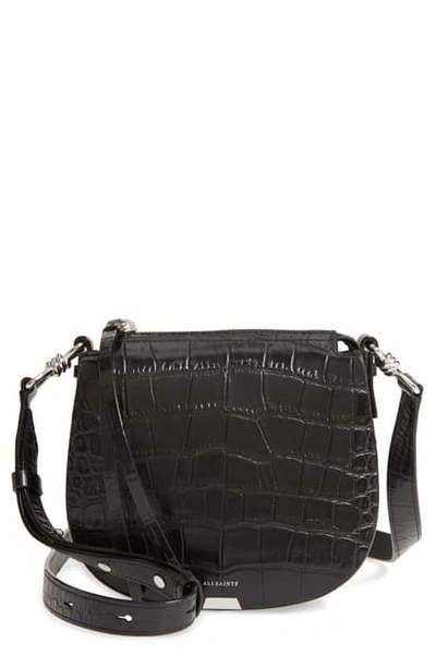 Shop Allsaints Polly Croc Embossed Leather Crossbody/belt Bag - Black