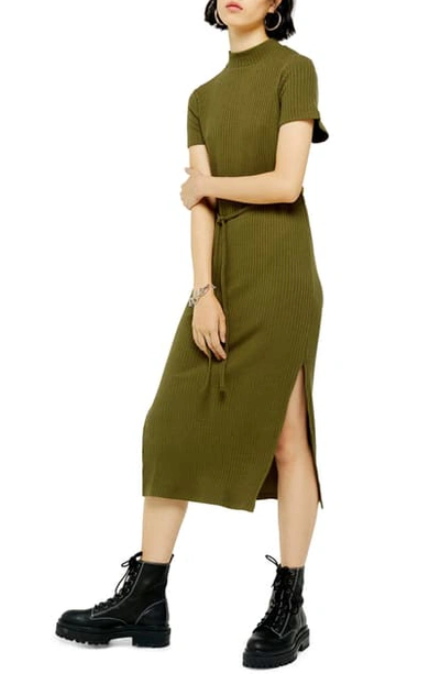 Topshop Belted Ribbed Midi Dress In Olive | ModeSens