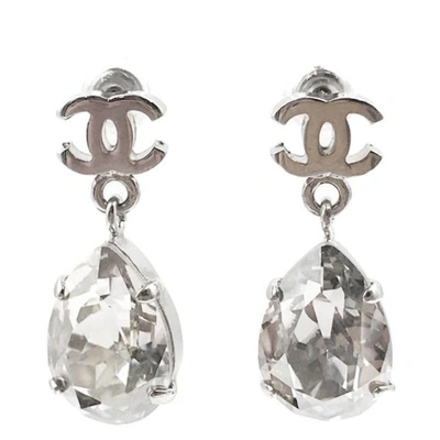 Pre-owned Chanel Crystal Teardrop Earrings Silver-tone