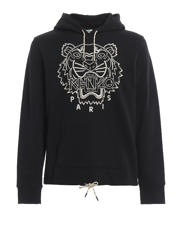 Kenzo Blanket Stitch Tiger Pullover Hooded Sweatshirt In Black Modesens