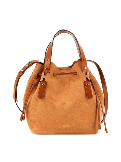 Shop Hogan Suede And Leather Bucket Bag In Light Brown