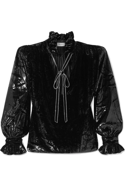 Shop Saint Laurent Pussy-bow Crystal-embellished Metallic Velvet Blouse In Black
