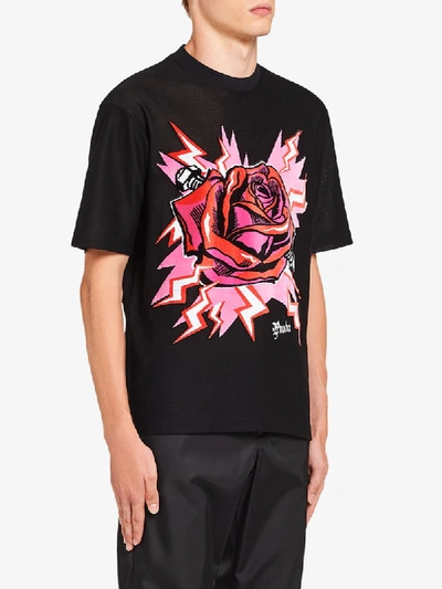 Shop Prada Rose Print T-shirt In Black