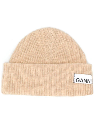 Shop Ganni Logo Ribbed Beanie In Tapioca
