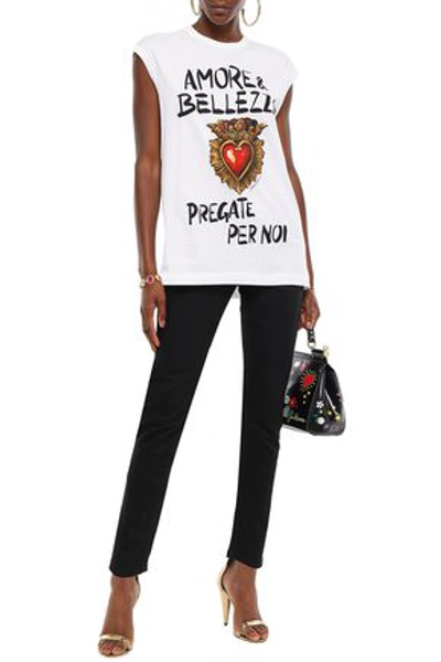 Shop Dolce & Gabbana Woman Sequin-embellished Printed Cotton-jersey Top White