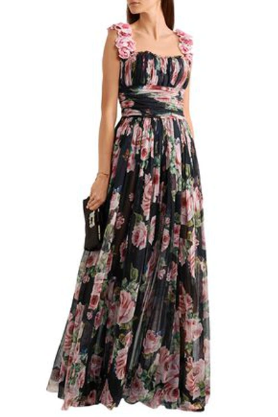 Shop Dolce & Gabbana Woman Appliquéd Floral-print Silk-tulle Gown Black