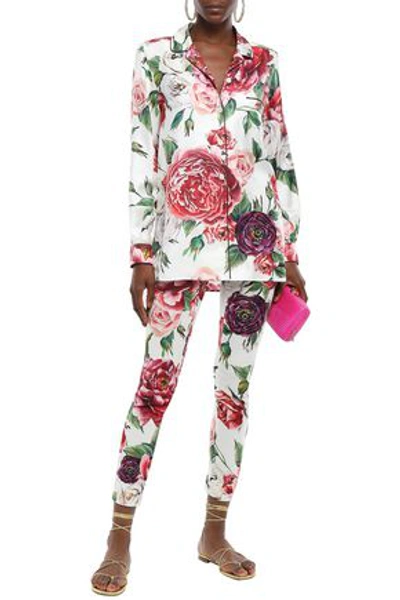 Shop Dolce & Gabbana Floral-print Silk-blend Charmeuse Skinny Pants In Ivory