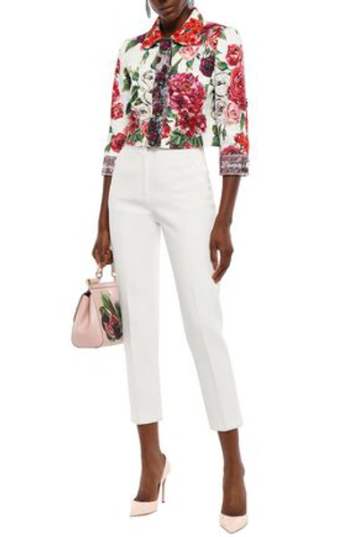 Shop Dolce & Gabbana Cropped Embellished Floral-print Cotton-blend Jacquard Jacket In White