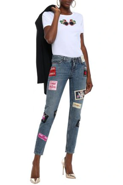 Shop Dolce & Gabbana Woman Cropped Appliquéd Mid-rise Slim-leg Jeans Mid Denim