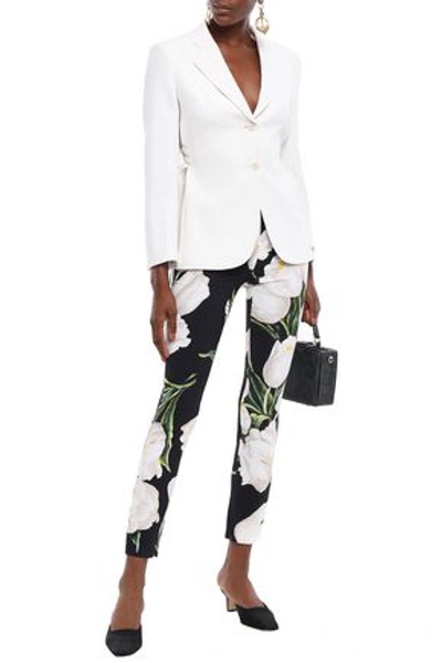 Shop Dolce & Gabbana Cropped Floral-print Crepe Slim-leg Pants In Black
