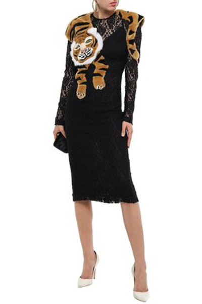 Shop Dolce & Gabbana Woman Faux Fur-trimmed Lace Midi Dress Black