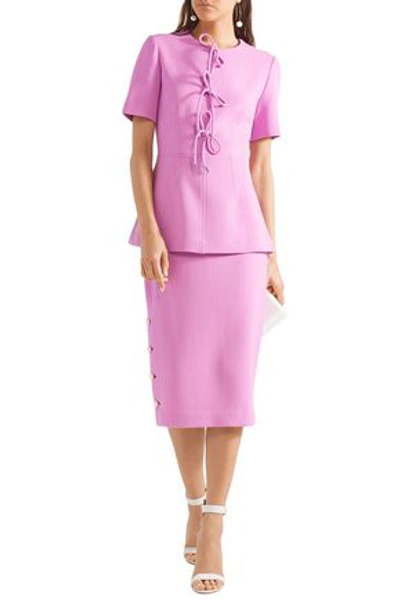 Shop Lela Rose Faux Pearl-embellished Wool-blend Crepe Pencil Skirt In Lavender