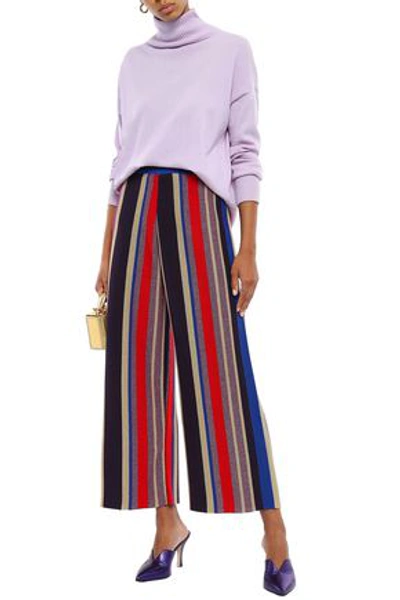 Shop Stella Jean Woman Metallic Striped Wool-blend Wide-leg Pants Blue