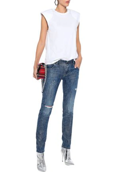 Shop Faith Connexion Glittered Distressed Low-rise Skinny Jeans In Mid Denim